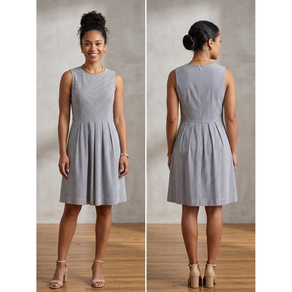 Sharagano Navy White Pinstripe Sleeveless Pleated Dress Petite 8P Cotton Blend